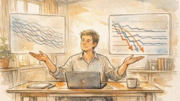検索アナリストがグラフを比較しながら順位下落 原因のパターンを整理するイラスト