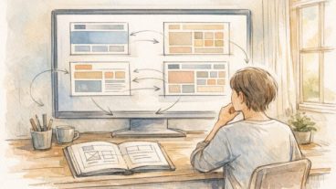WP スタイルバリエーション 変更を検討する人が、前提条件を整理しつつデザイン案を比較する様子