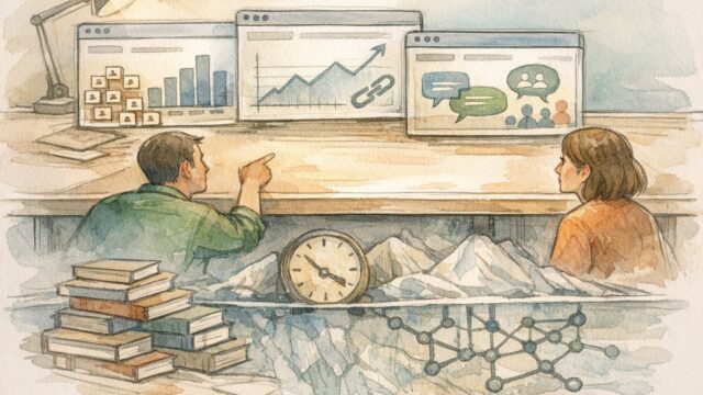 競合サイト 強み 分析の視点を整理し、表面の指標と見えにくい土台を対比したワークスペースイラスト