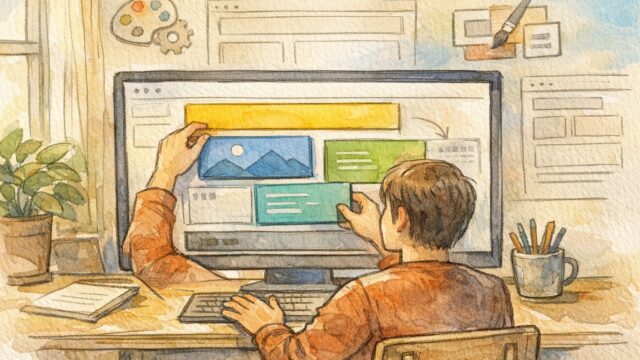 WordPress 6.x 最新機能 まとめを象徴するフルサイト編集、柔軟なブロックレイアウトを操作する作業風景