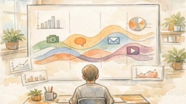 複数チャネルの推移を俯瞰する人のイラストで、エンゲージメント率 目安のイメージ
