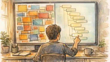 WordPress リストビュー 便利さを象徴する、複雑なレイアウトと整理された構造を比較する作業机のイラスト