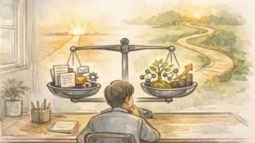 経営者 生成AI 導入の判断基準を短期効率と長期的な価値の天秤で考えるイラスト