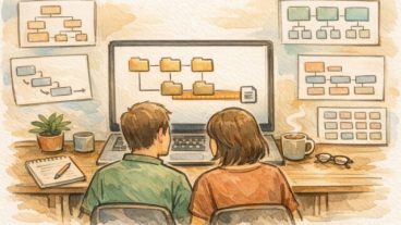 WordPress スラッグ 決め方 ルールを整理する机上作業、URL構造と階層設計を話し合う二人
