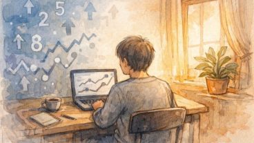 検索順位 毎日チェックに疲弊せず向き合う、数字監視と心のバランスを表すイラスト