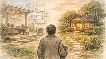 WordPress vs note 使い分けを考える人が、借り物の場と自前メディアを見比べて悩むイラスト