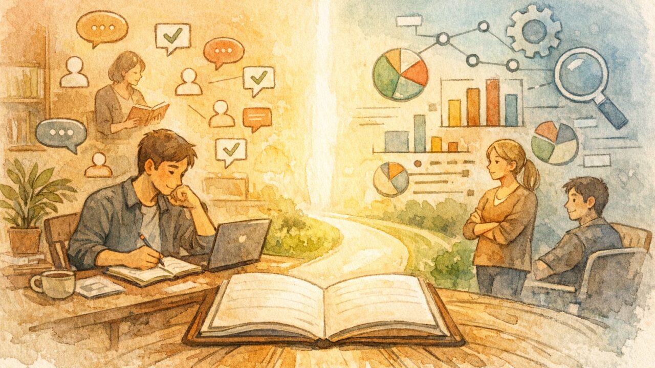ヘルプフルコンテンツ アップデートで人への価値と検索アルゴリズムの調和を象徴するイラスト