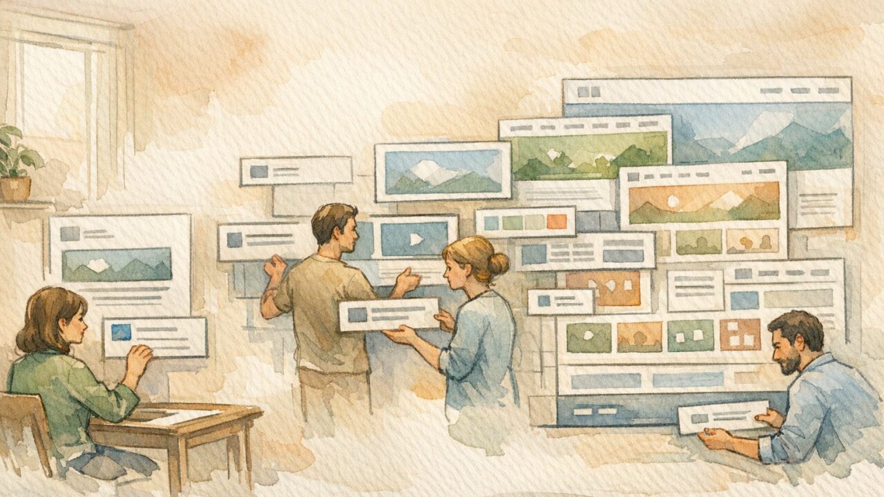 WordPress フルサイト編集 (FSE) とはを象徴し、投稿編集からサイト全体設計へ進化する様子のイラスト