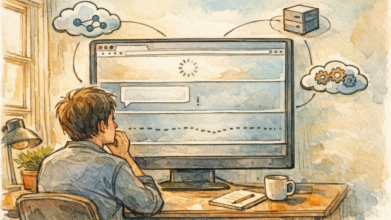 AI ツール 読み込みが遅い 原因を3段階に分解し静かに分析するワークスペースイラスト