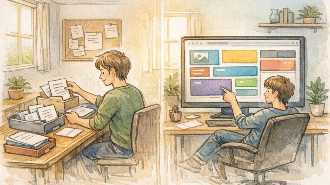 WordPress テンプレートパーツ 使い方を整理し、従来のパーツ管理とブロックベース編集を対比して示すイラスト