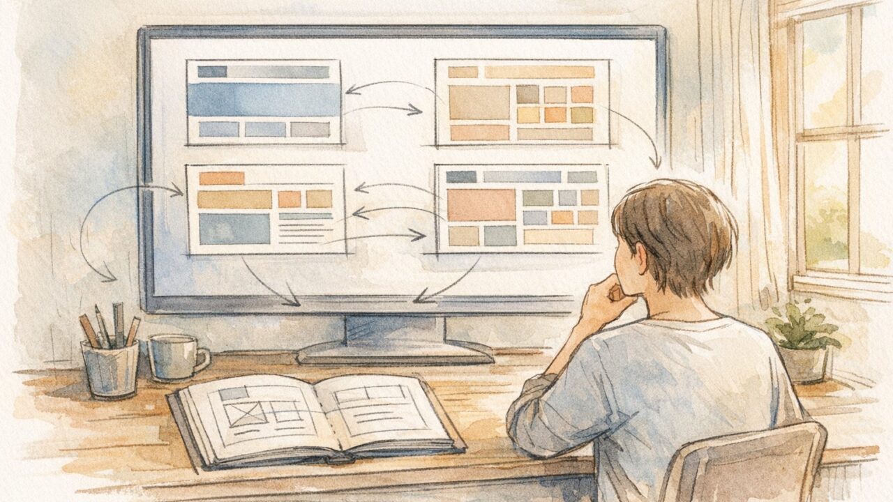 WP スタイルバリエーション 変更を検討する人が、前提条件を整理しつつデザイン案を比較する様子