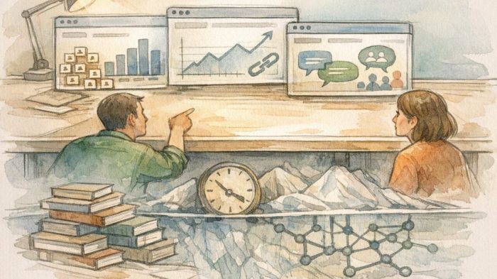 競合サイト 強み 分析の視点を整理し、表面の指標と見えにくい土台を対比したワークスペースイラスト
