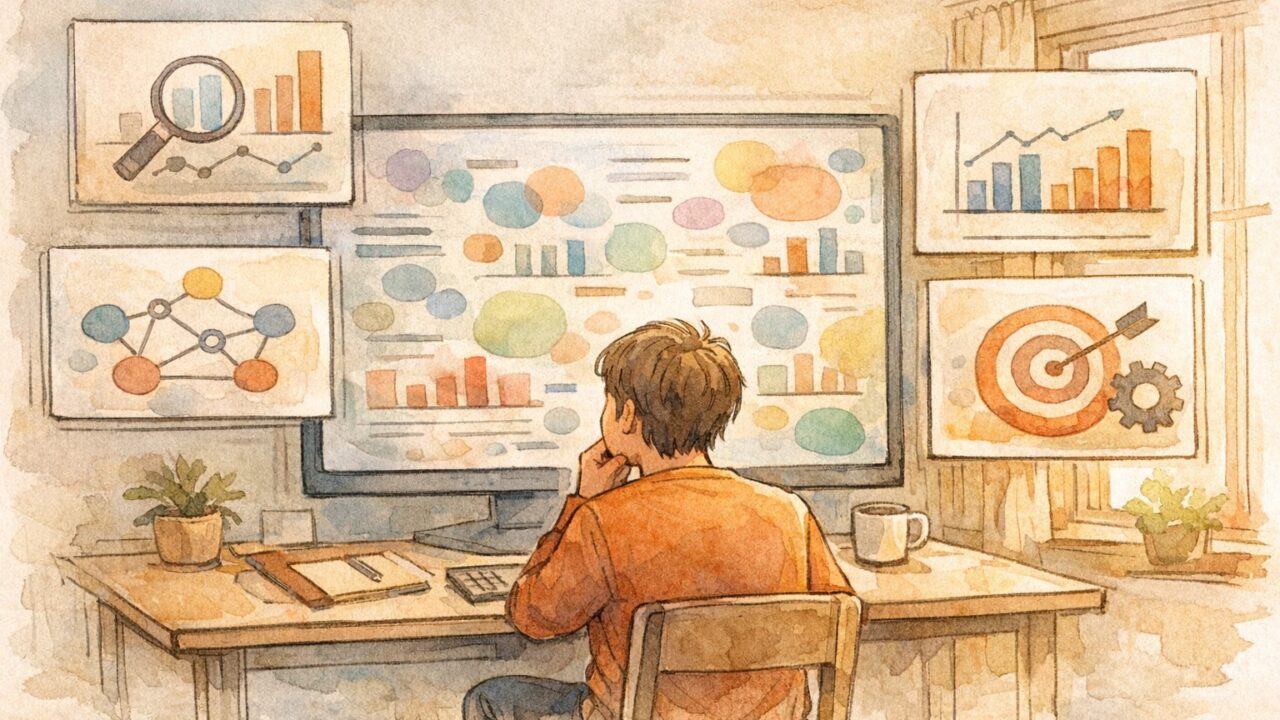 Ahrefs 使い方に初めて触れて戸惑う大人が指標やツールを整理して理解しようとする様子
