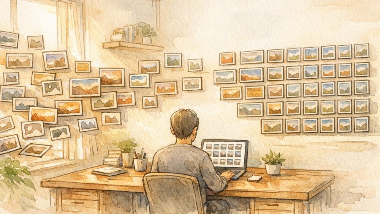 WordPress 画像 代替テキスト 一括管理で整理されていく大量の画像と作業デスク