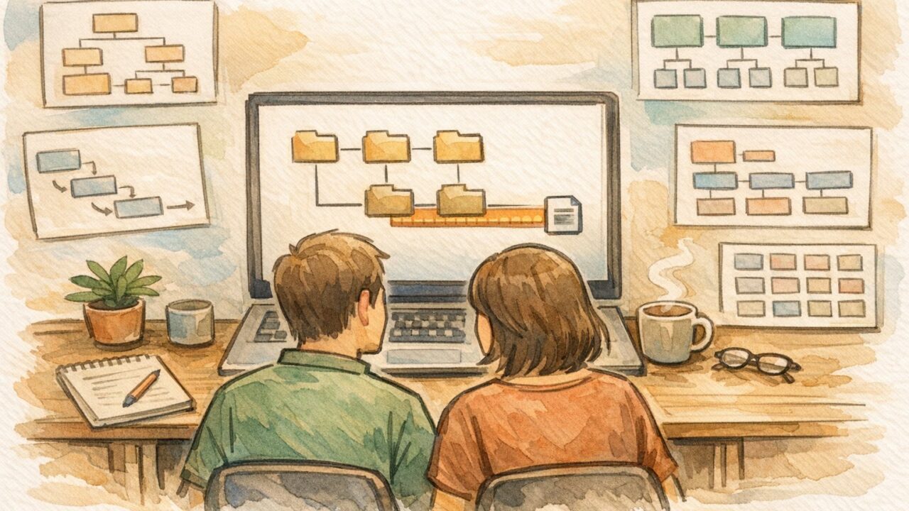 WordPress スラッグ 決め方 ルールを整理する机上作業、URL構造と階層設計を話し合う二人