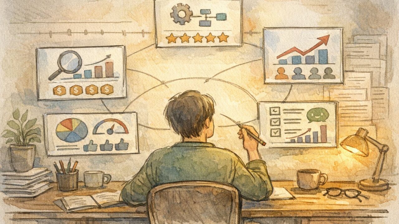 静かなデスクでSEO 強い AI ツール ランキングを比較検討する様子を描いたイラスト