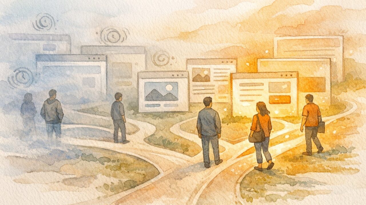 離脱ポイント 特徴を象徴的に示す分岐するWeb導線とユーザー行動のイラスト