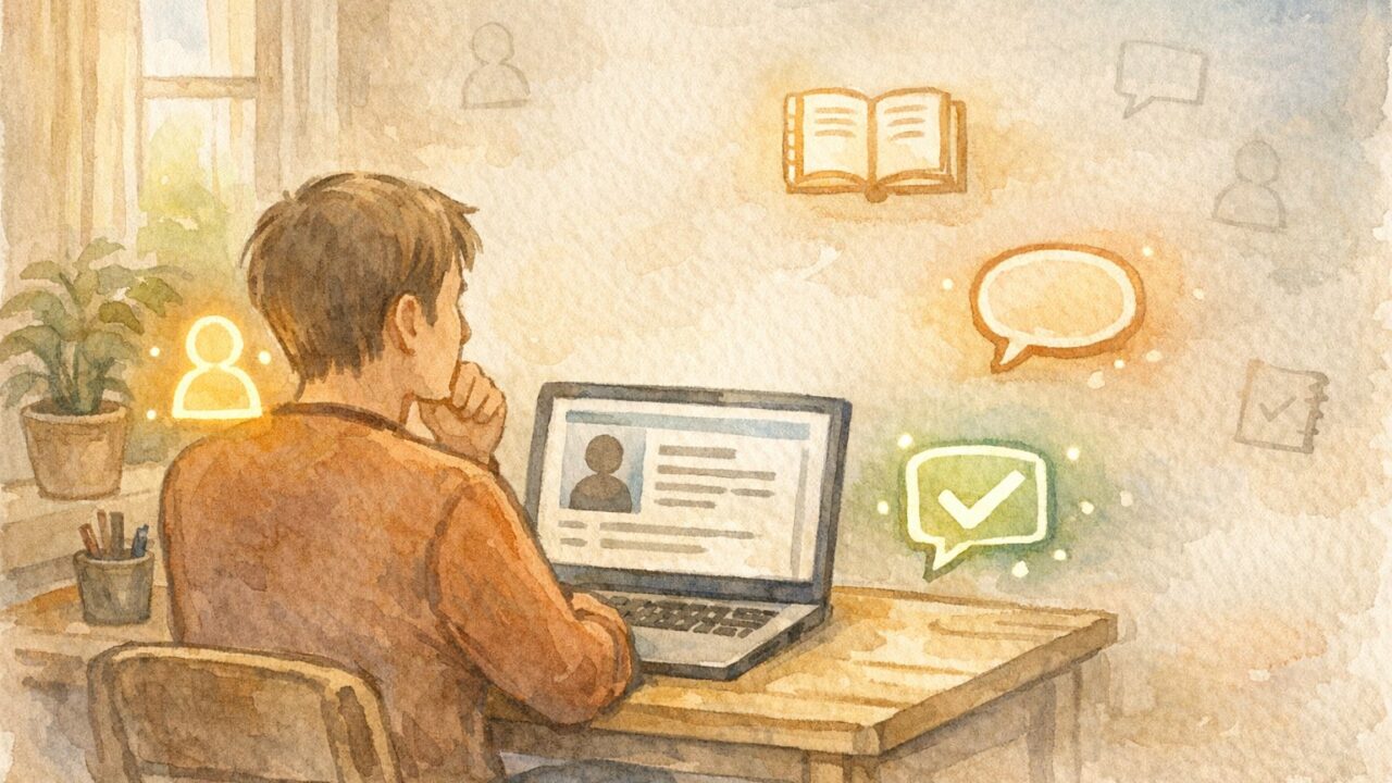 WP ユーザープロフィール 充実を意識し、必要な情報だけを選び整理する執筆者の様子