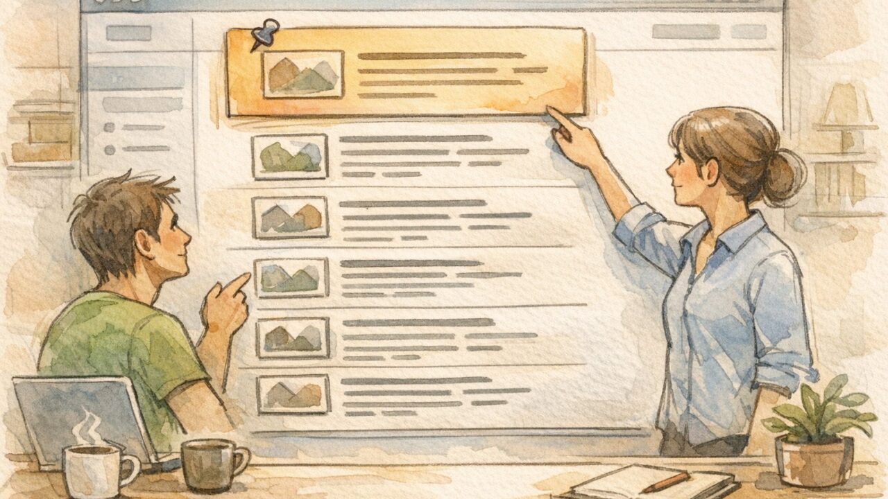 WordPress 記事のピン留め（先頭固定）でトップ固定された投稿と通常記事一覧を示すイラスト