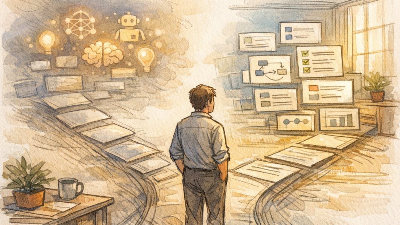 AI ツール 導入 失敗談を象徴し曖昧な期待と明確な前提の分かれ道に立つビジネスパーソン