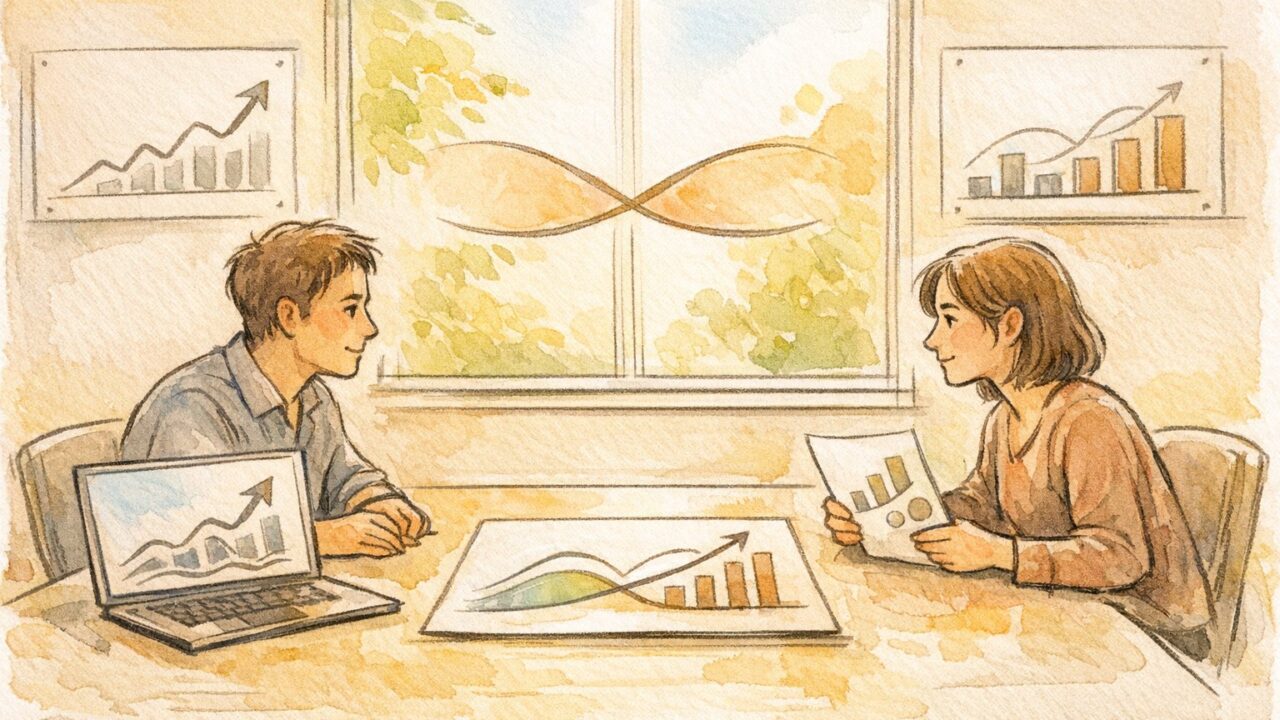 社内SEO 説得で対話する担当者同士が、SEO指標とビジネス成果をすり合わせていく場面