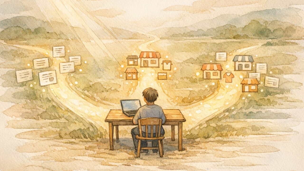 WP vs Wix vs Shopify 違いに迷う人が三つの分かれ道を前に選択を考える場面