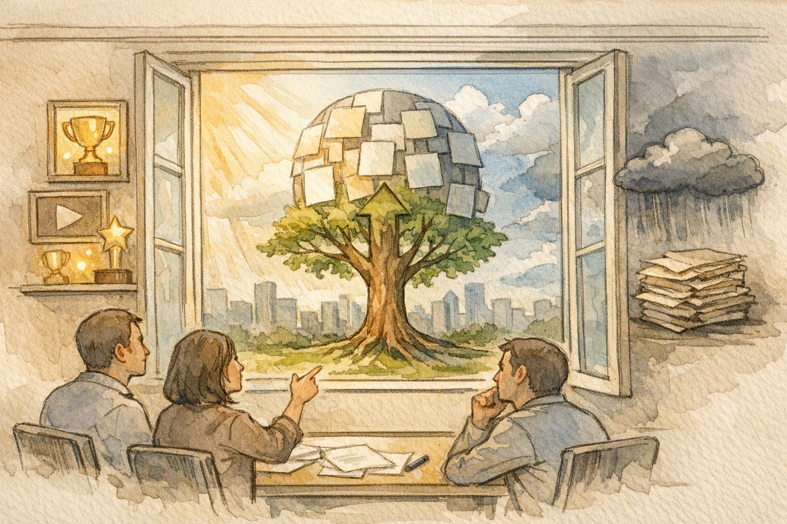 Wikipedia 掲載 価値をビジネス視点で議論し功罪やリスクを整理する会議シーン