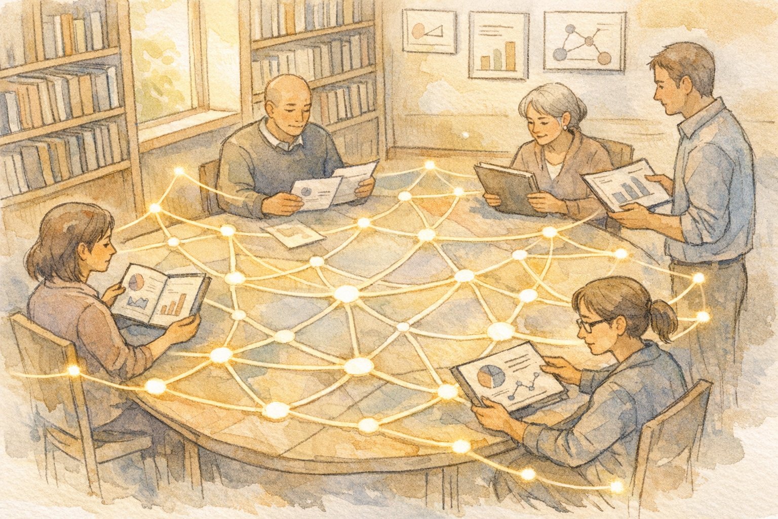 実績 公開 SEOをテーマに、実績データがリンクで結ばれたワークスペースと人々を俯瞰したイラスト