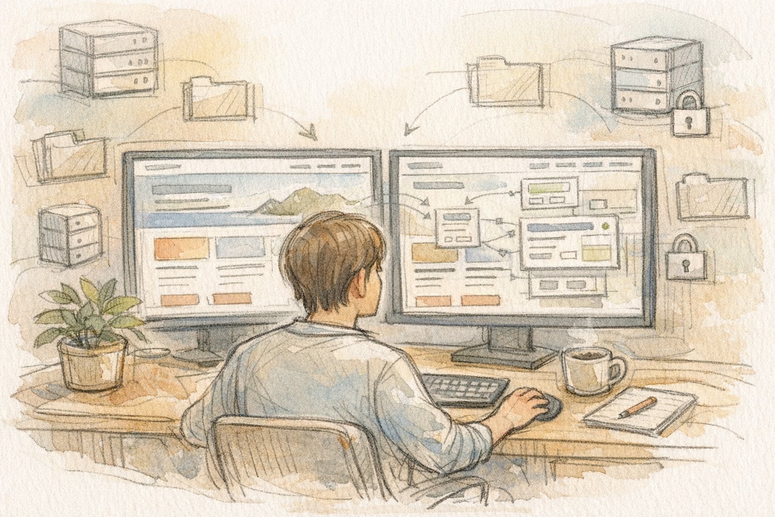 WordPress テストサイト(ステージング) 作り方をイメージした、レンタルサーバー機能で本番と検証用サイトを比較する机上シーン