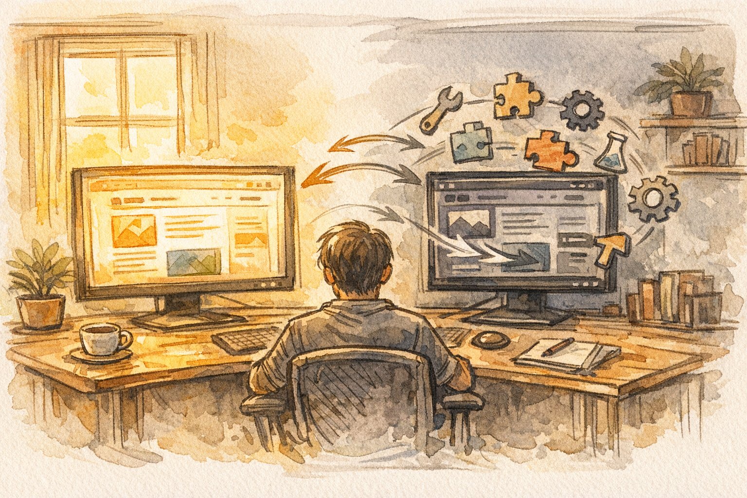 WordPress テストサイト(ステージング) 作り方と本番環境でのプラグイン検証フローを示す机上イラスト