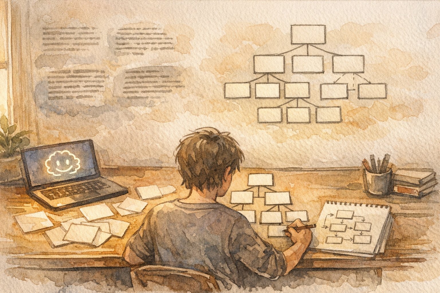 AI 記事作成 文字数が足りないとき、人が構成メモを整理しAIと協力する様子