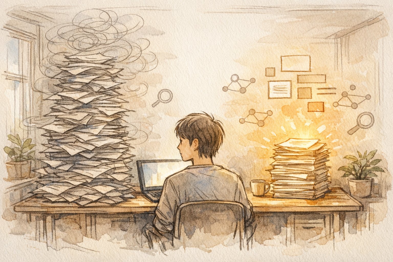 AI 記事作成 文字数が足りないとき、冗長な原稿を整理し構造化する様子