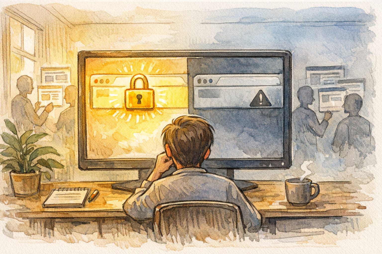 WP 常時SSL 失敗 鍵マーク出ないときの不安と信頼性低下を対比するオフィスイラスト