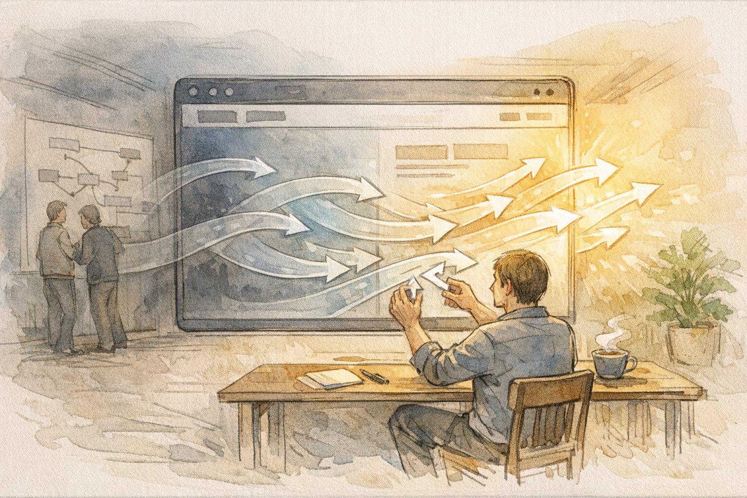 WP .htaccess 編集 方法でのリダイレクト設定と導線最適化を象徴する手描きイラスト