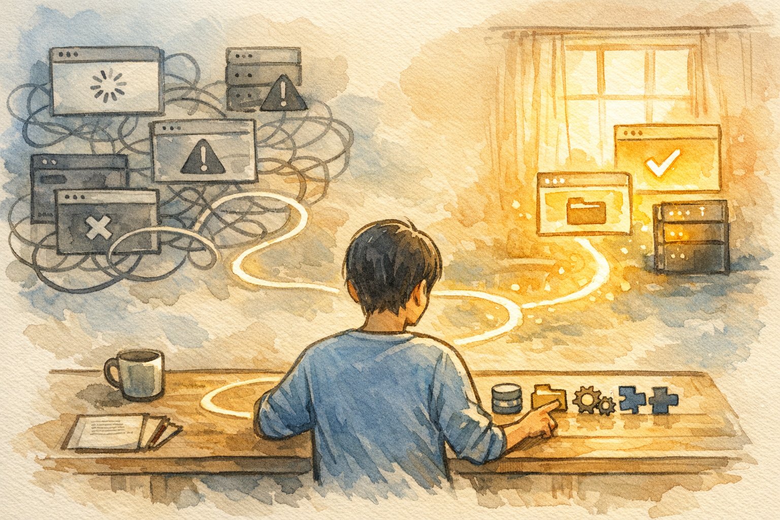 WordPress サイト引っ越し ツールなし後の不具合を落ち着いて整理し対処する様子