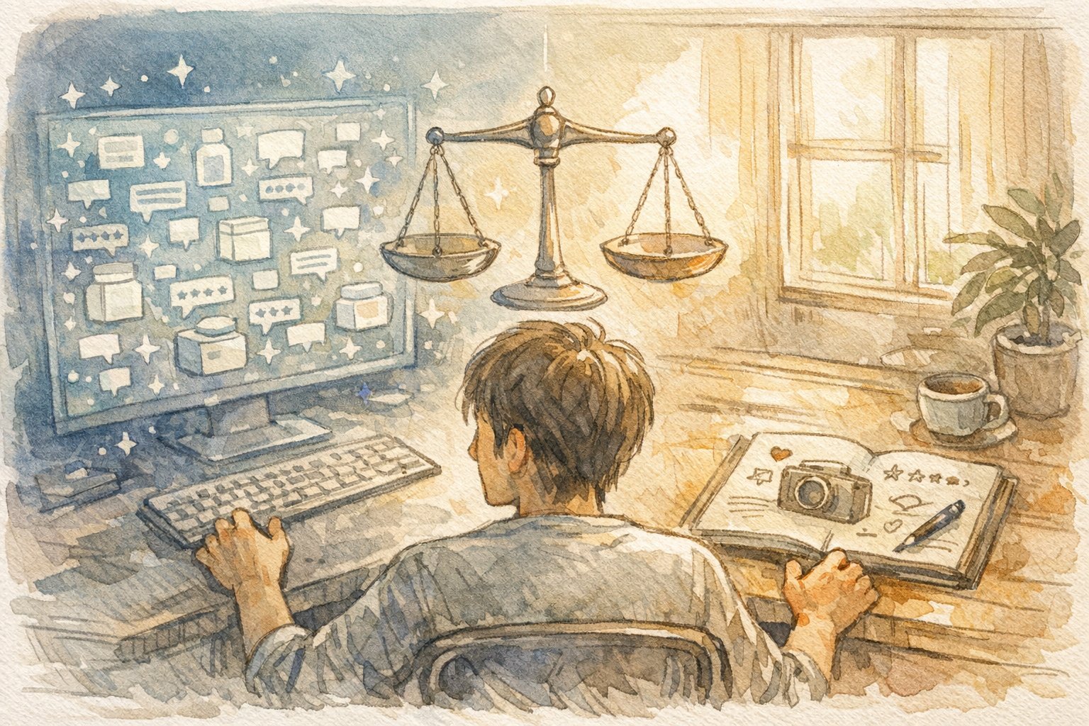AI時代のレビューの揺らぎを見つめる人物と机上の対比的シーンで描くプロダクトレビュー アップデート