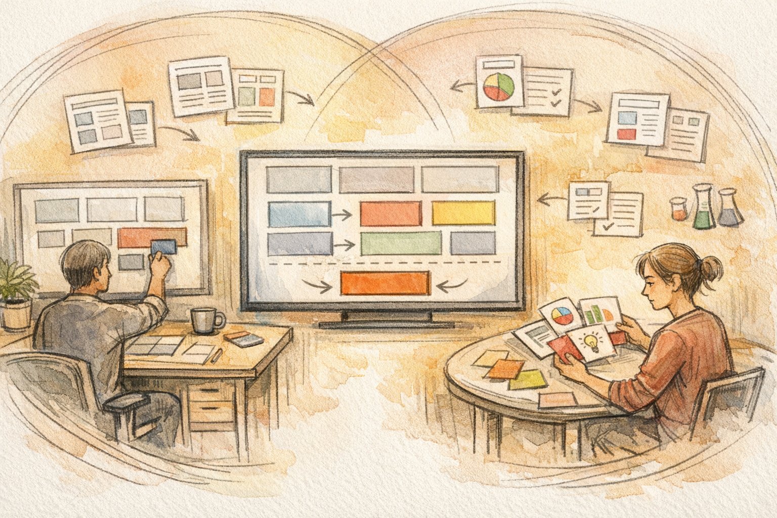 制作とマーケの接点でWordPress フルサイト編集 (FSE) とはを示す共同作業イラスト