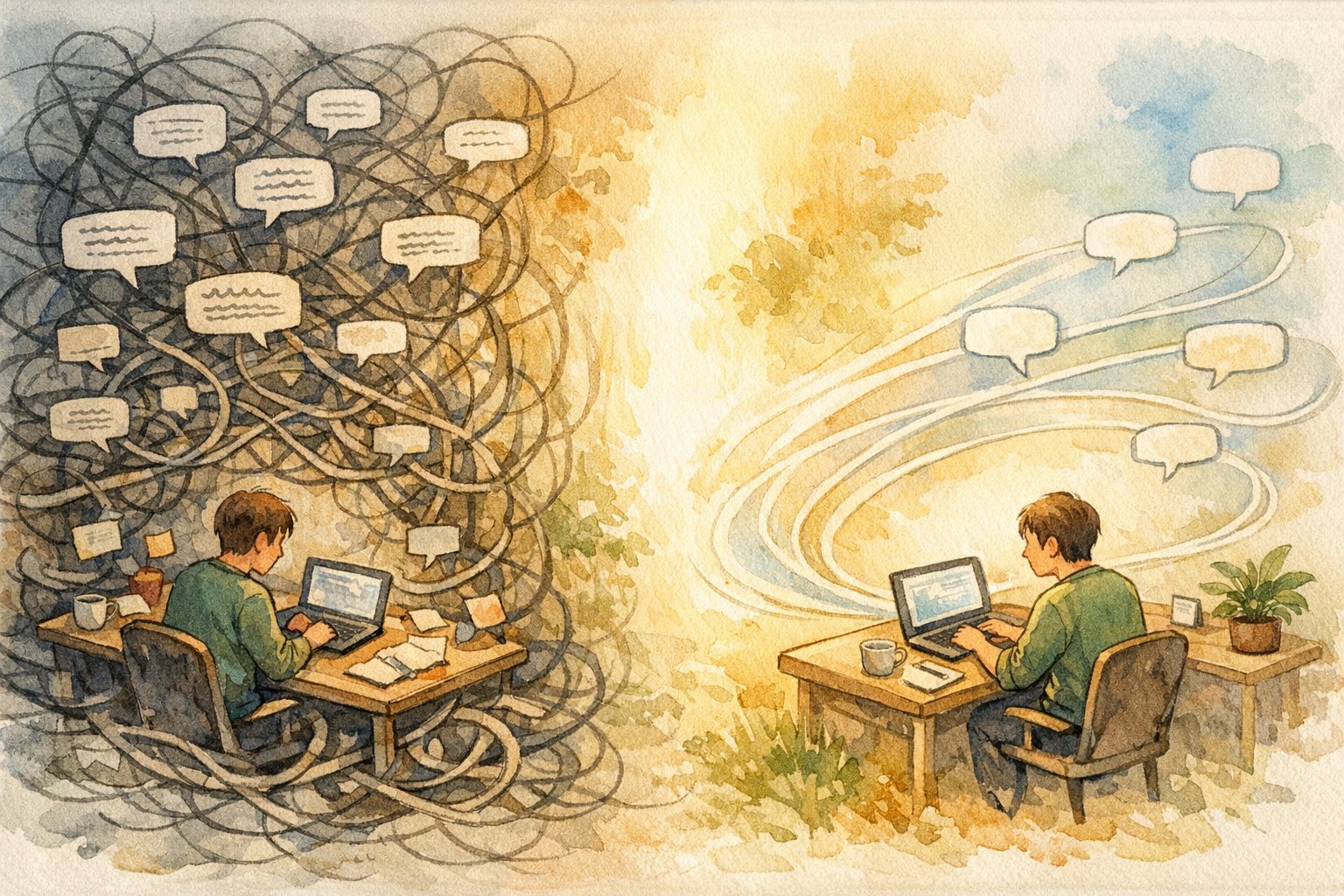 複雑なプロンプトと整理された使い方を対比しAI ツール 読み込みが遅い 原因を示すイラスト