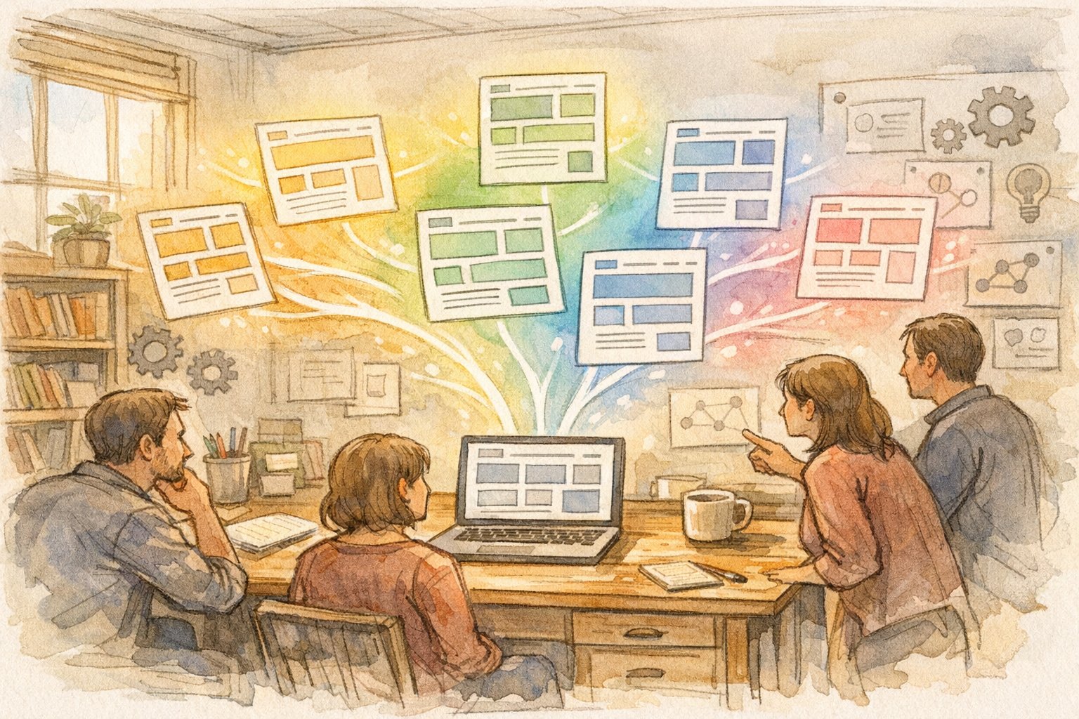落ち着いたワークスペースでWP ブロックテーマ おすすめ候補を比較検討する様子