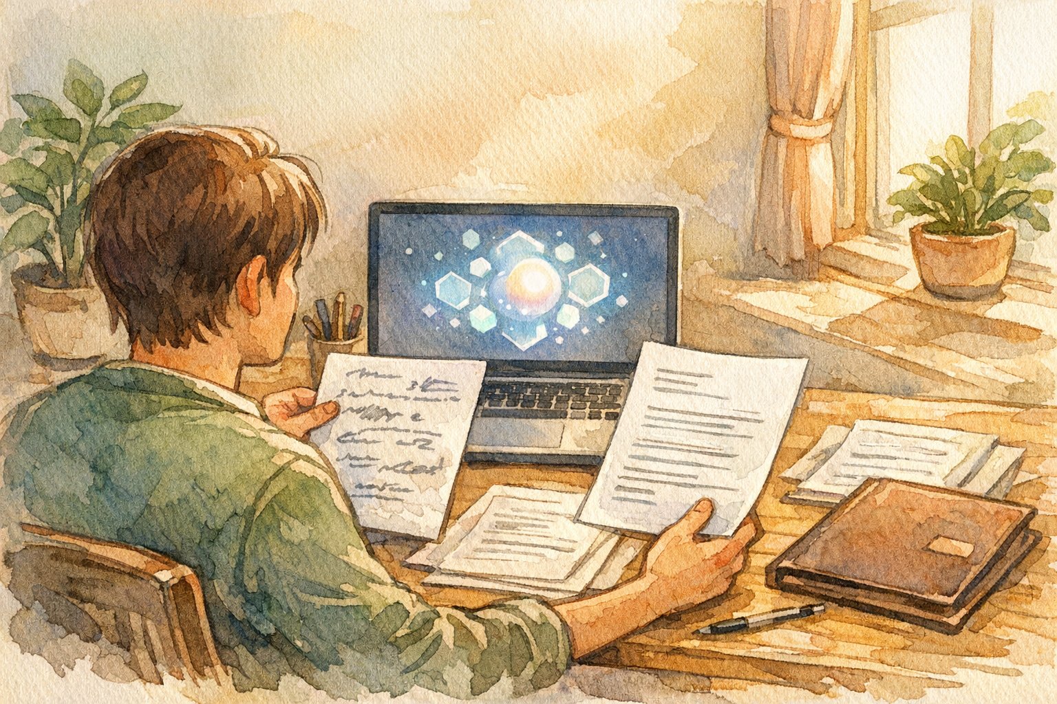 自宅デスクでWebライターがAI活用で提案文をブラッシュアップし稼ぎ方を見直す様子