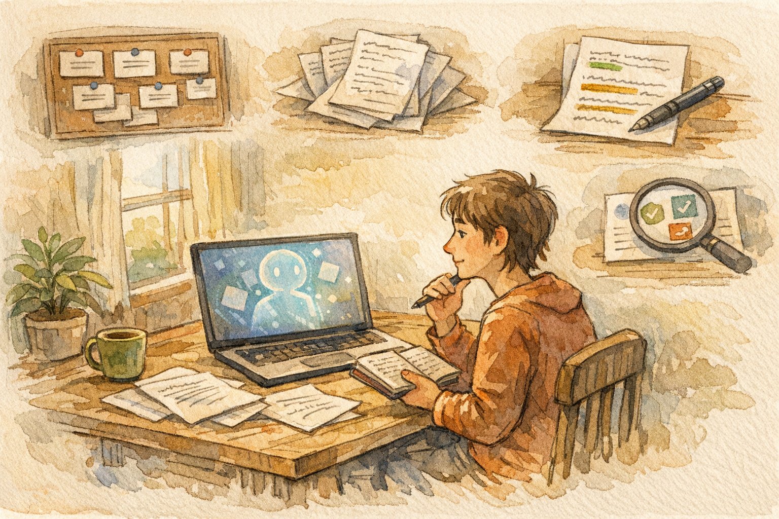 WebライターがAI活用で執筆と推敲フローを整理し、安定した稼ぎ方を模索する様子