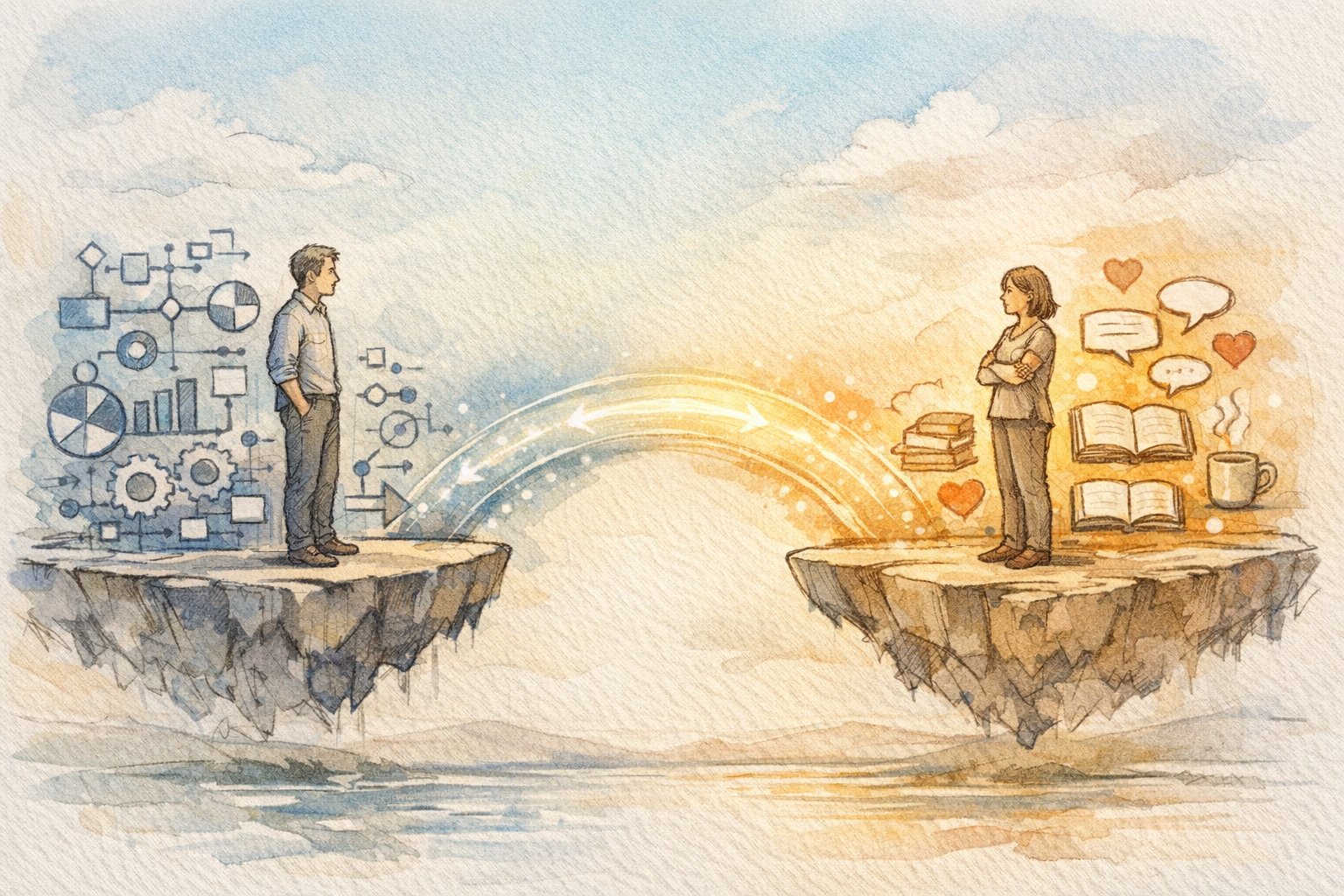 検索意図の変化 追うべき距離を象徴的に示す、アルゴリズムと人の対比イラスト