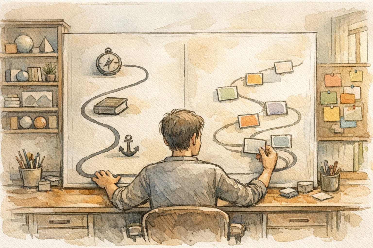 検索意図の変化 追う軸と追わない軸を机上で比較検討する人物のイラスト