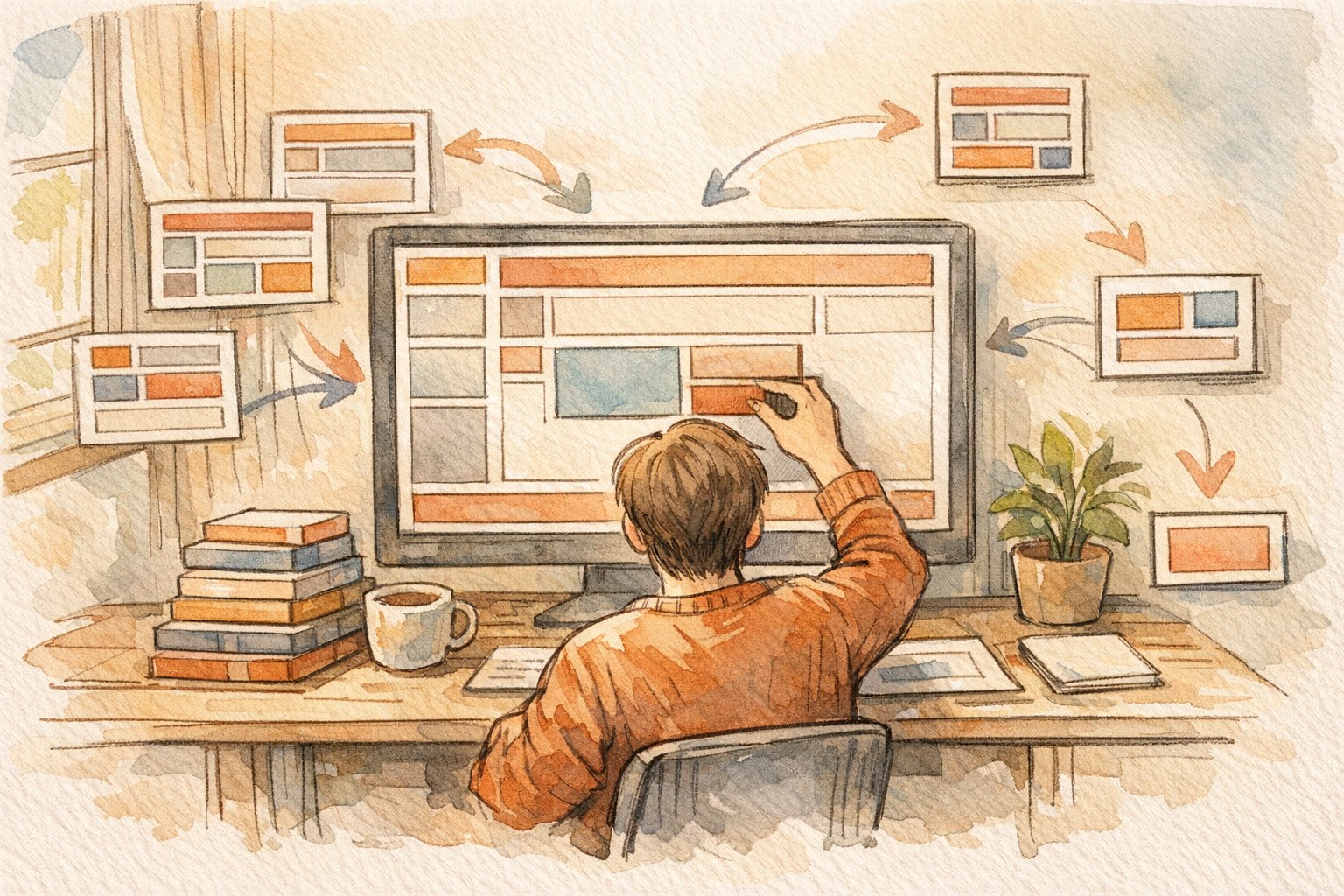 落ち着いた作業環境でWordPress テンプレートパーツ 使い方の共通パーツ構成を整理するイラスト