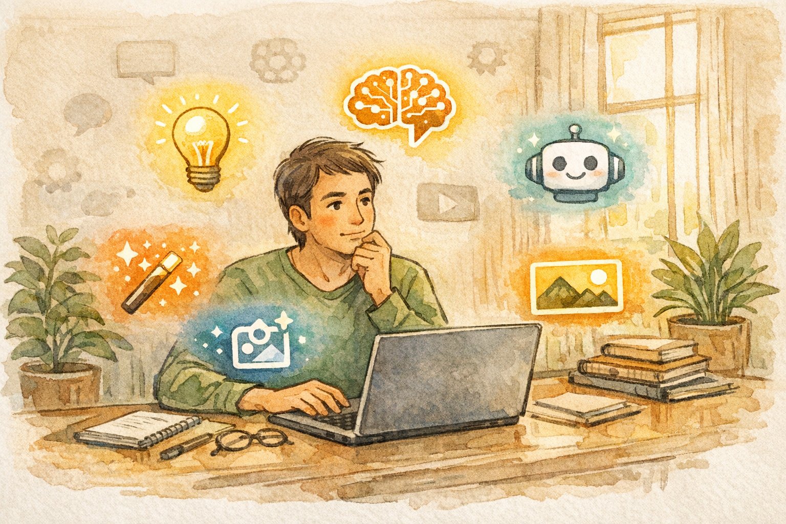 ブロガーがAIツール必須5選を慎重に選ぶ様子、穏やかな作業デスクと温かな雰囲気