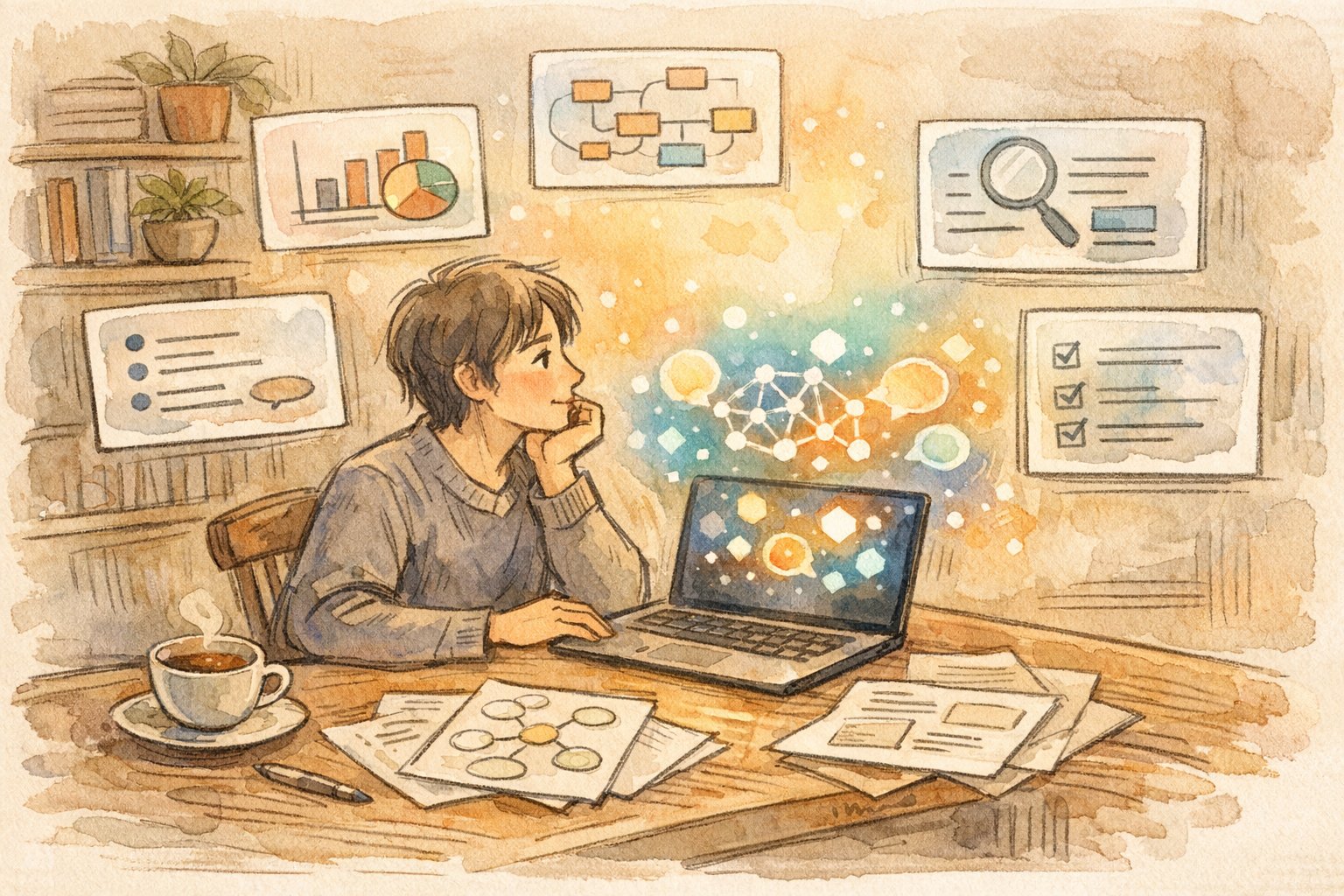 ブロガー AI ツール 必須5選をテーマに、机でAIリサーチ支援ツールと向き合う様子