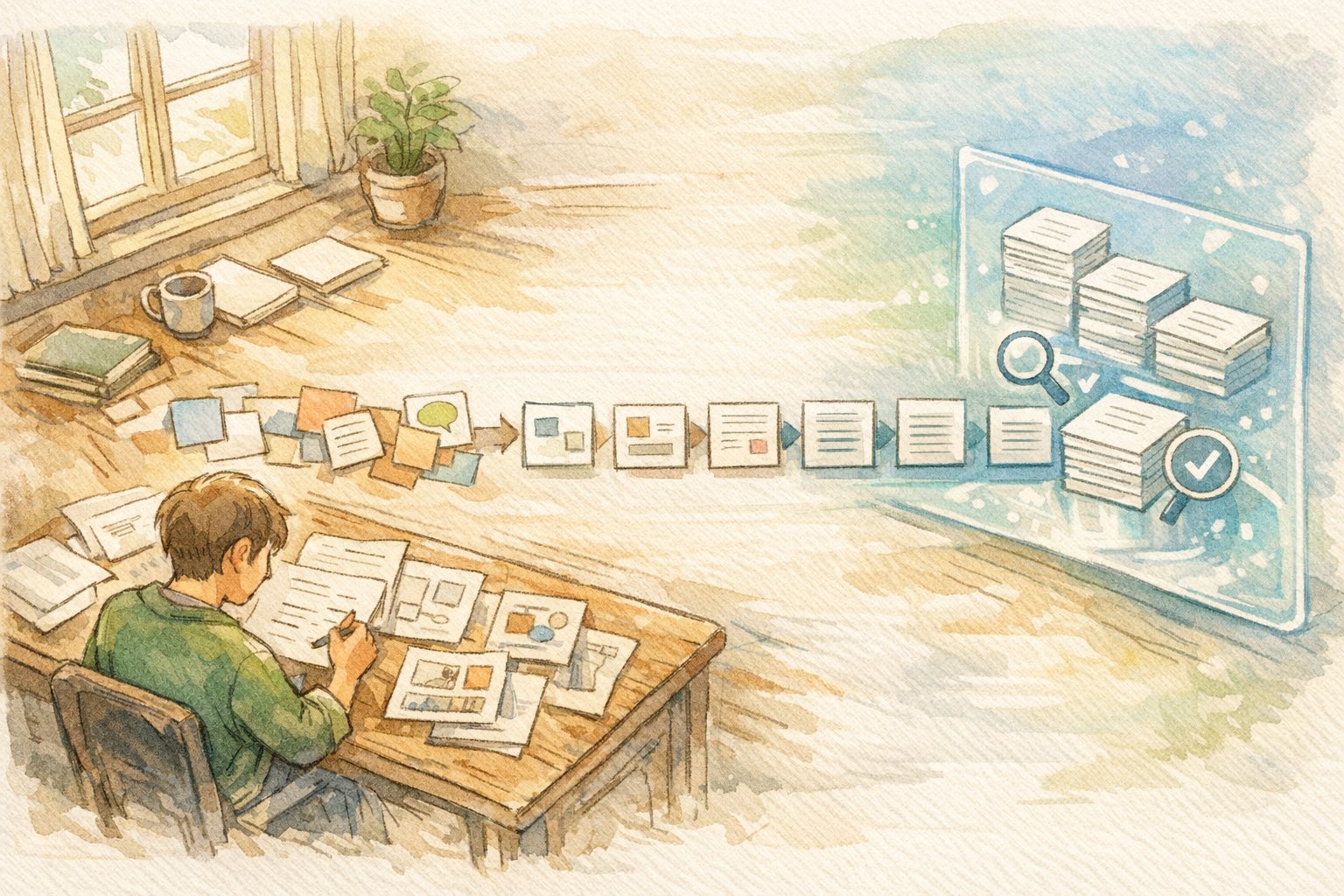 編集者とAIが校正フローで協働し作業を分解する様子を俯瞰で示すイラスト