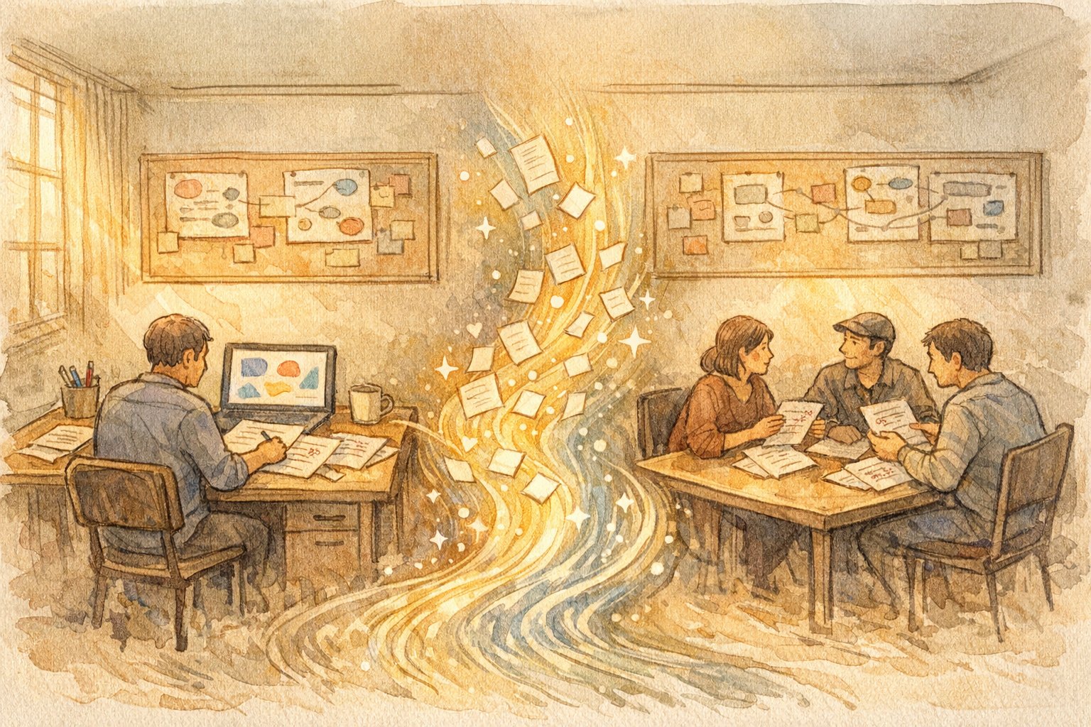 個人とチームの編集作業がAI校正フローで緩やかにつながる様子を示すイラスト