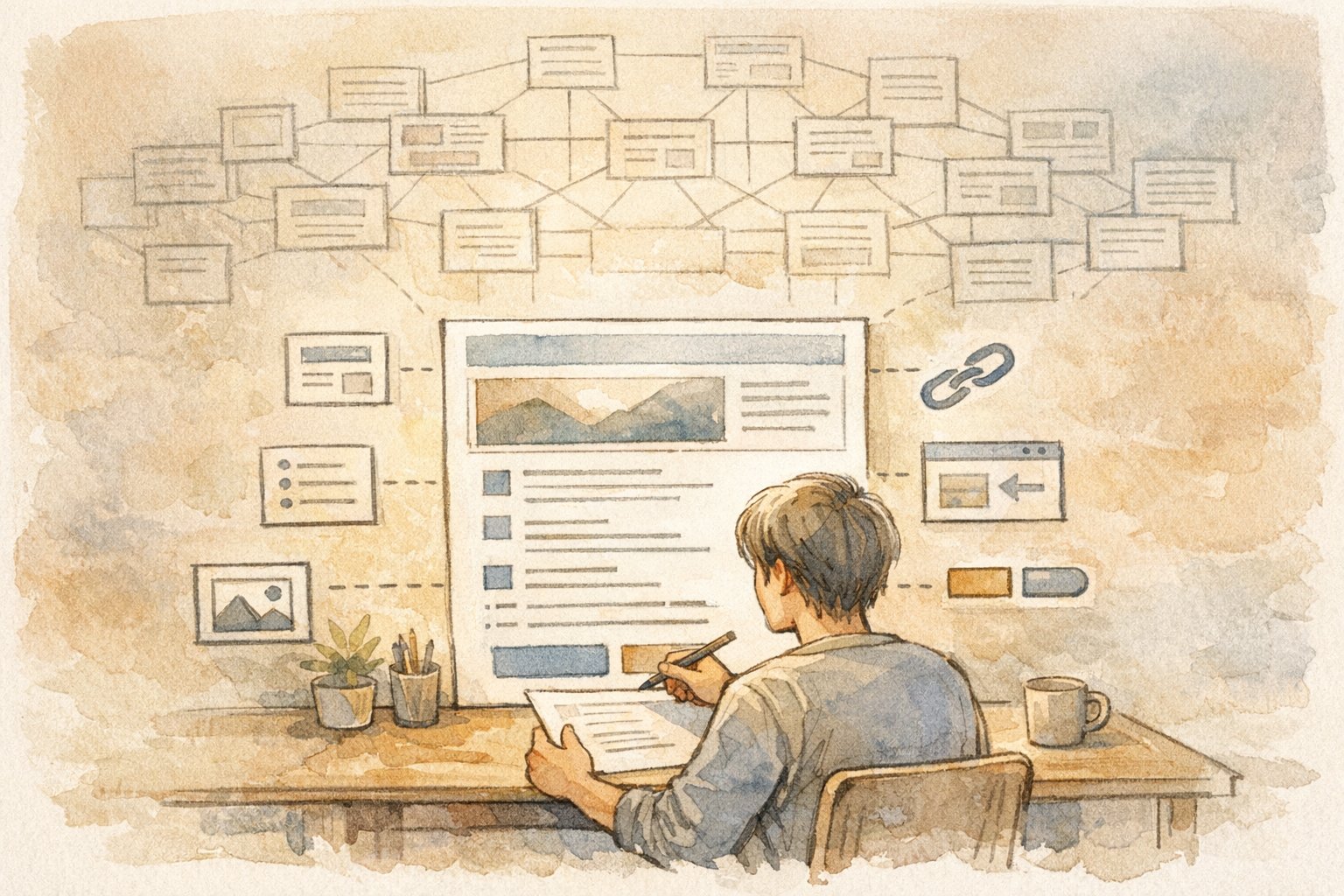 競合サイト 強み 分析のイメージとして、一枚のページを丁寧に観察し全体構造を把握する様子