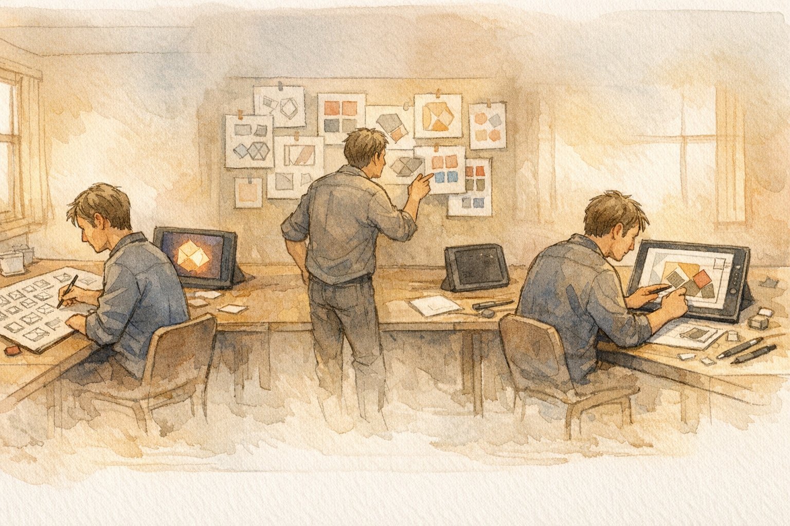 デザイナー AI 共存術を段階別プロセスで描いた、発想から評価・ブラッシュアップまでの協働イラスト